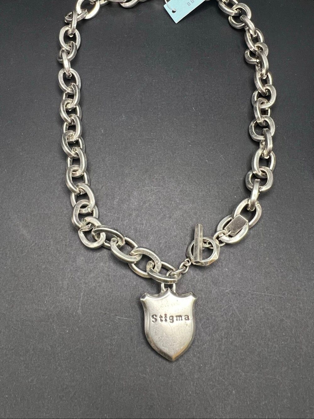 NWT Stigma Silver Tone Chunky Chain Necklace w Fleur De Lis Shield Pendant - Picture 3 of 9